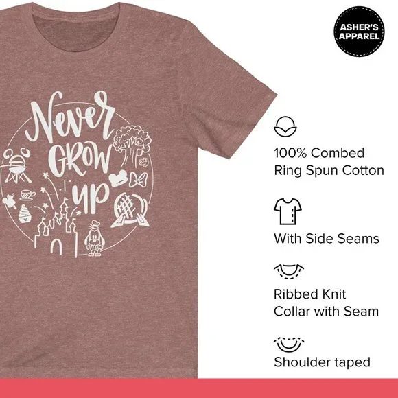 NEW "Never Grow Up" SS T-Shirt Heather Mauve Various Sizes - Picture 6 of 7